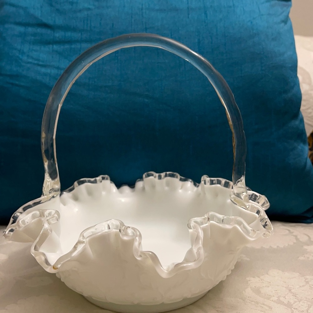 Vintage Fenton ruffle edge milk glass basket